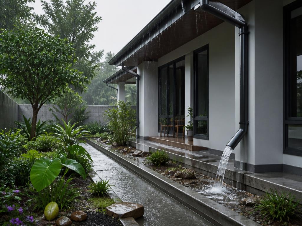 Maison sous une forte pluie tropicale avec gouttières et évacuation des eaux pluviales