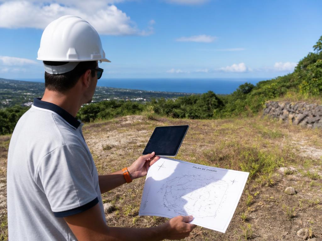 Professionnel analysant un terrain avec un plan de parcelle et une tablette