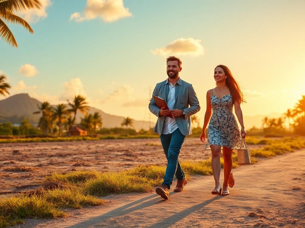 Professionnel accompagnant un couple sur leur terrain