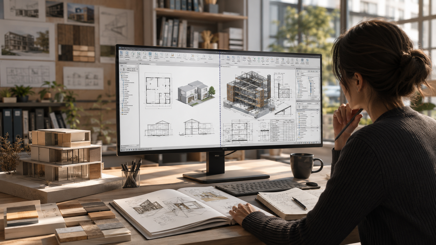 Poste de travail de conception : plans de maison à l'écran