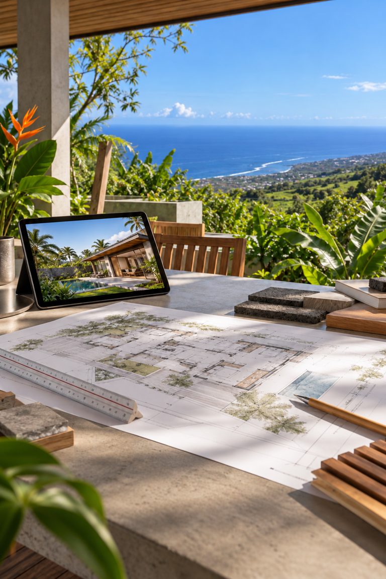 Plans architecturaux sur une table face au paysage côtier réunionnais